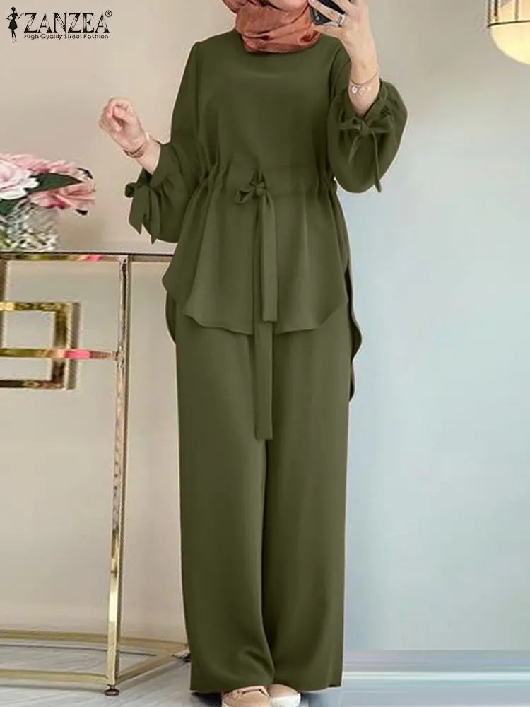 ZANZEA Muslim Women Matching Sets Long Sleeve Solid Color Tops And Loose Pant Suits Elegant Fashion Casual Tracksuit Kaftan 2025.