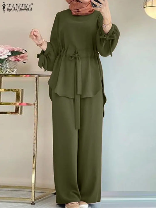 ZANZEA Muslim Women Matching Sets Long Sleeve Solid Color Tops And Loose Pant Suits Elegant Fashion Casual Tracksuit Kaftan 2025.