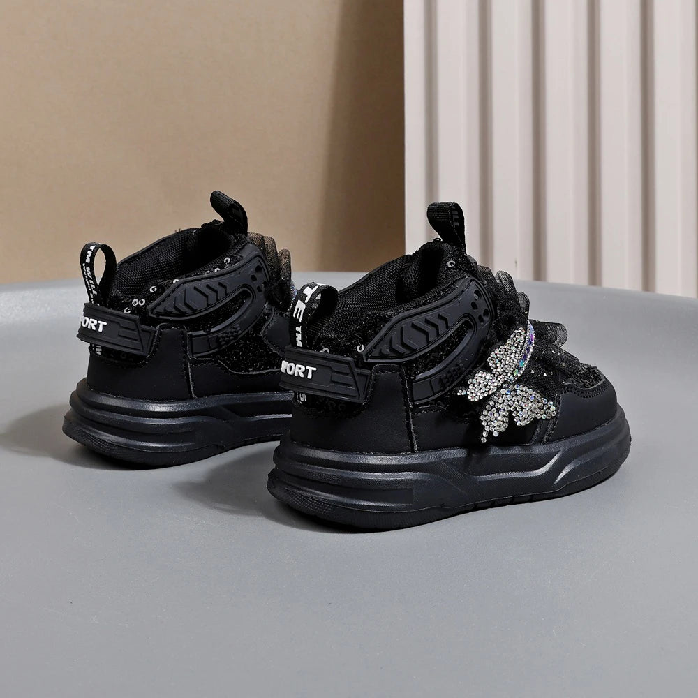 2025 New Autumn Children Shoes Leather Toddler Kids Sport Shoes Bling Bling Cute Butterfly Soft Sole Fashion Girls Sneakers.