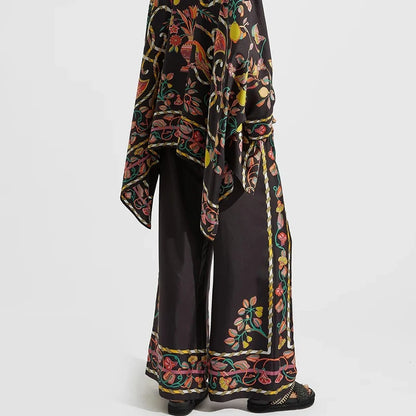 Retro Printed Loose Indie Folk Outfit Women Spring Stand Collar Button Irregular Top+Pant Set Fall Batwing Long Sleeve 2pcs Suit.