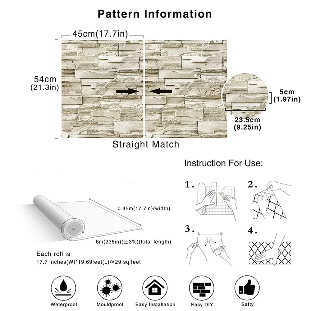 Stone Peel And Stick Wallpaper Faux Brick Vinyl Self-adhesive 3D Wallpaper For Bedroom Living Room Walls Home Decoration Sticker