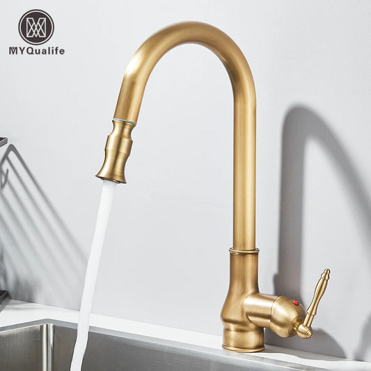 Antique Brass Kitchen Sink Faucet Pull Down Swivel Spout Kitchen Deck Mounted Bathroom Hot and Cold Water Mixers Tap