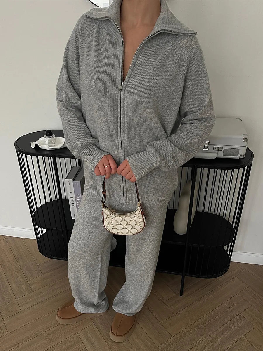Tornova Zipper Strickjacke Pullover Anzug Weibliche Gestrickte Langarm Casual Mantel Breitbeinig Hosen Pullover frauen Zwei Stück Set