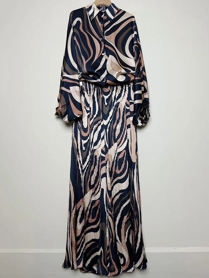 Designer's retro geometric print loose shirt two-piece set for Spring 2025 women's wear + pleated wide-leg pants fashion set.