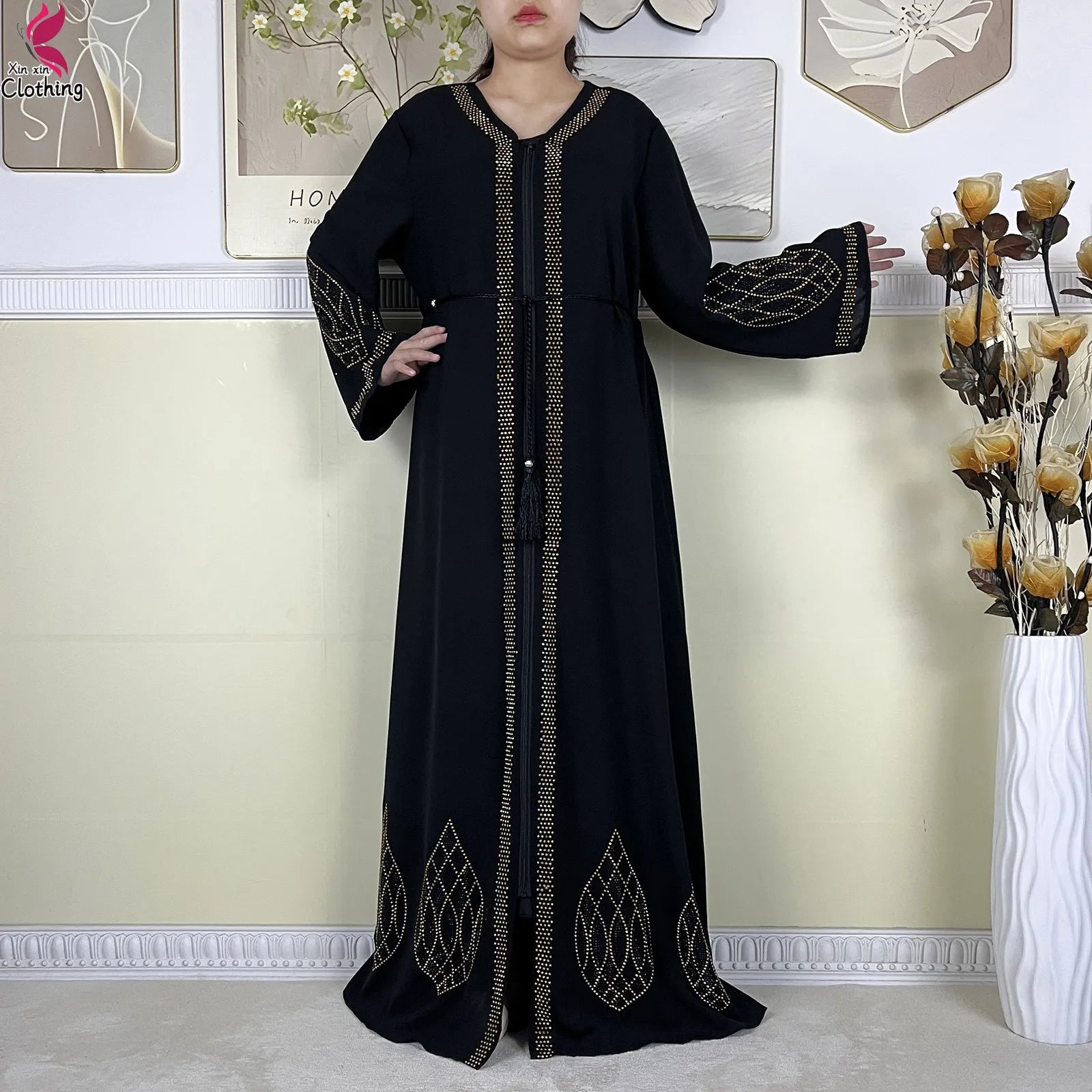 New Dubai Women Elegant Dress Diamonds Chiffon Open Abaya with Zipper Islamic Turkey Clothing Women Muslim Party Evening Dress.