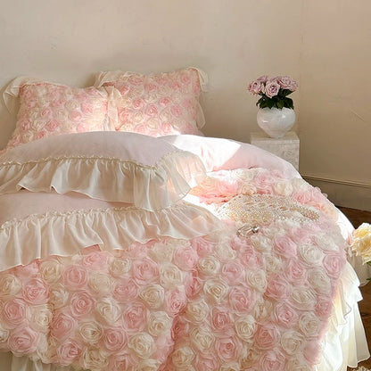 Three-Dimensional Rose Flowers Lace Ruffles Princess Wedding Bedding Set Warm Milk Velvet Duvet Cover Bed Sheet Pillowcases 4Pcs.