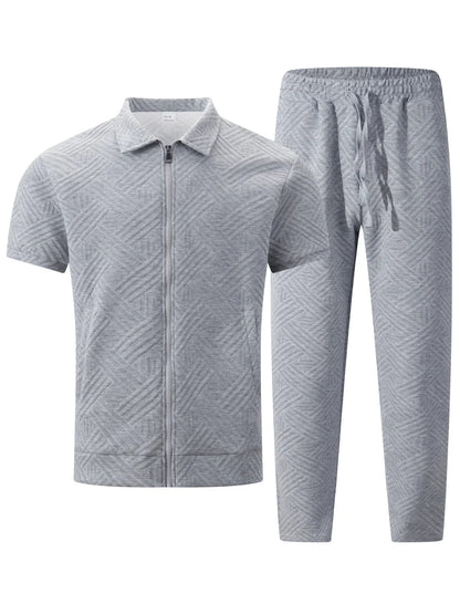 Men's Summer New Style Solid Color Knitted Short Sleeve Cardigan with Long Pants Casual Set Sporty Look from Mainland China