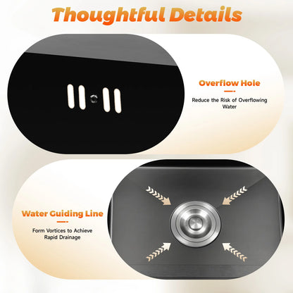 16 * 12-Zoll-Unterbau-Einzelschüssel-Küchenspüle aus Edelstahl mit Zubehör, (1 Abflusskorb, 1 Seifenspender), Schwarz