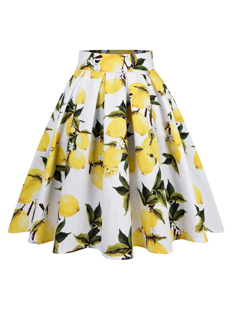 2025 Summer French High Waist Pleated Skirts Blue 50s Vintage Casual Dance Party Skirt Sexy Cute Midi Lemon Skater Women Clothes.