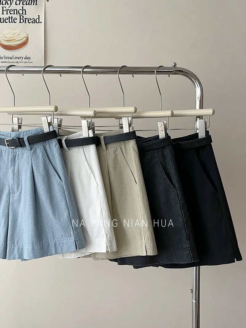 Beiyingni Korean Women High Waist Shorts With Belt Elegant Cotton Linen Casual Slim Female Shorts White Street Short Cargo Pants.