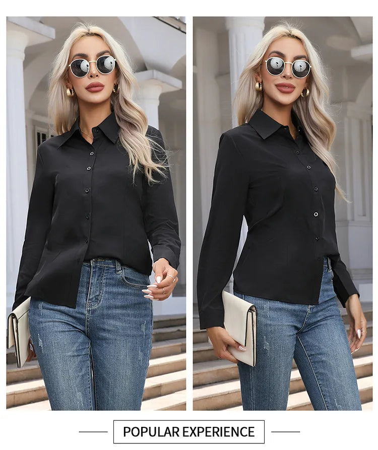 1pcs Woman Spring Autumn Solid color Shirts Lady Casual Long Sleeve Turn-down Collar Loose Shirt Female Fashion Temperament Tops.