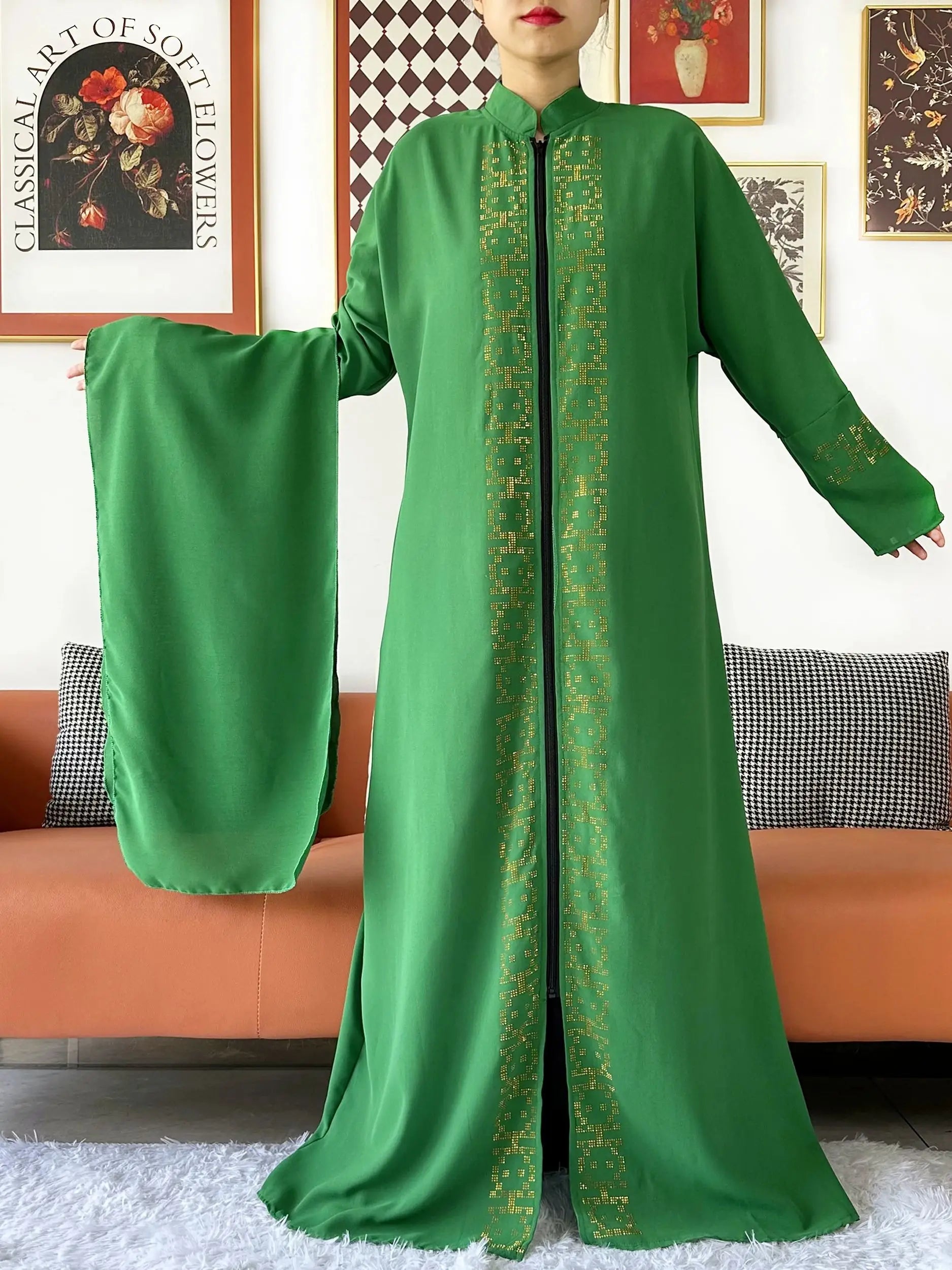 2024 Muslim Ramadan Tranditional Turtleneck Long Sleeve Dress Women Cardigan Open Abaya Dubai Caftan Islamic Kimono Clothes.