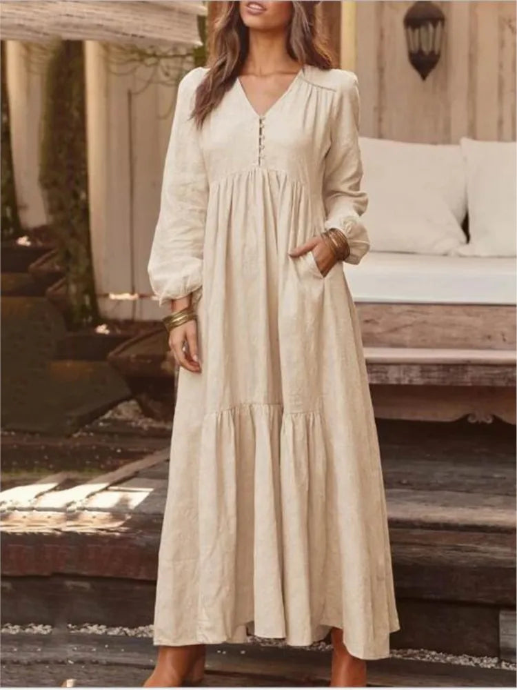 Baumwolle Und Leinen Vintage Stil Langes Kleid Für Frauen Casual V-ausschnitt Langarm Lose Maxi Kleider Weibliche Elegante frauen Kleidung.