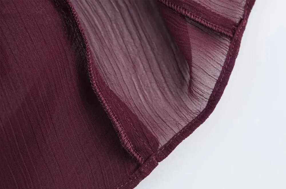 Women Fashion With Ruffles Semi-sheer Blouses V Neck Long Sleeve Button-up Female Shirts Chic Tops.