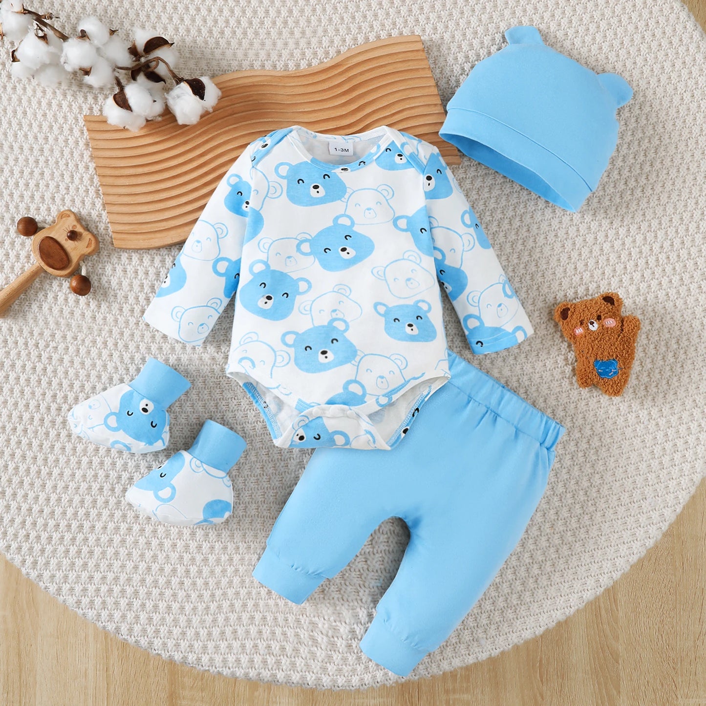Newborn Baby boy Set Little bear Long sleeved Jumpsuit+Long Pants+Hat+Socks 4Pcs/Set 0-9 Month Baby boy Spring and Autumn Set.
