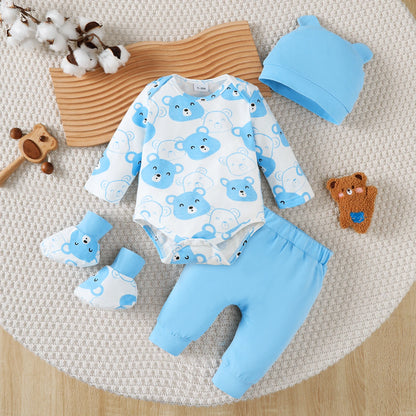 Newborn Baby boy Set Little bear Long sleeved Jumpsuit+Long Pants+Hat+Socks 4Pcs/Set 0-9 Month Baby boy Spring and Autumn Set.