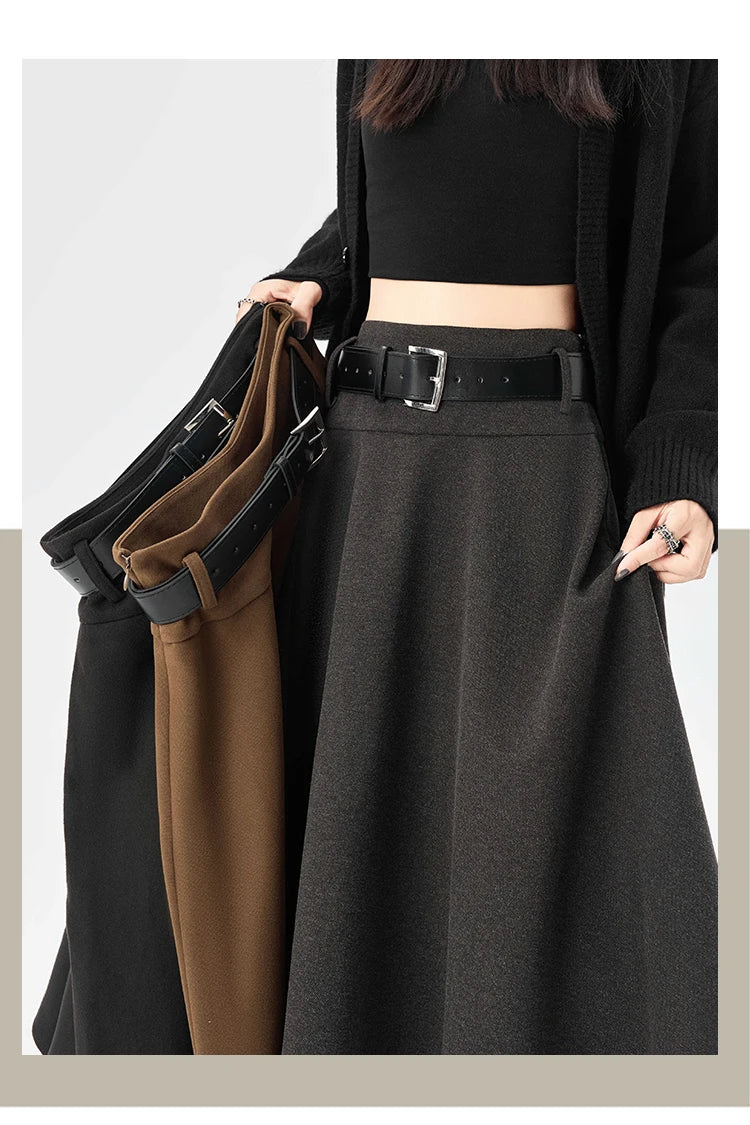 High Quality Irregular Woolen Skirt Women 2025 Autumn Winter New High Waist Slimming Midi Skirt Elegant A-line Faldas with Belt.