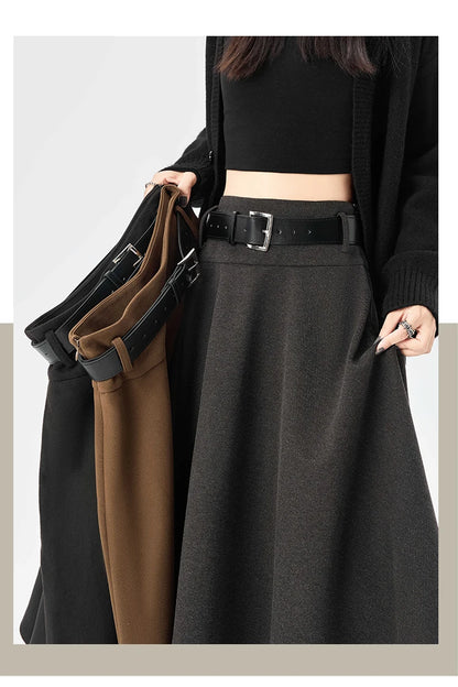 High Quality Irregular Woolen Skirt Women 2025 Autumn Winter New High Waist Slimming Midi Skirt Elegant A-line Faldas with Belt.