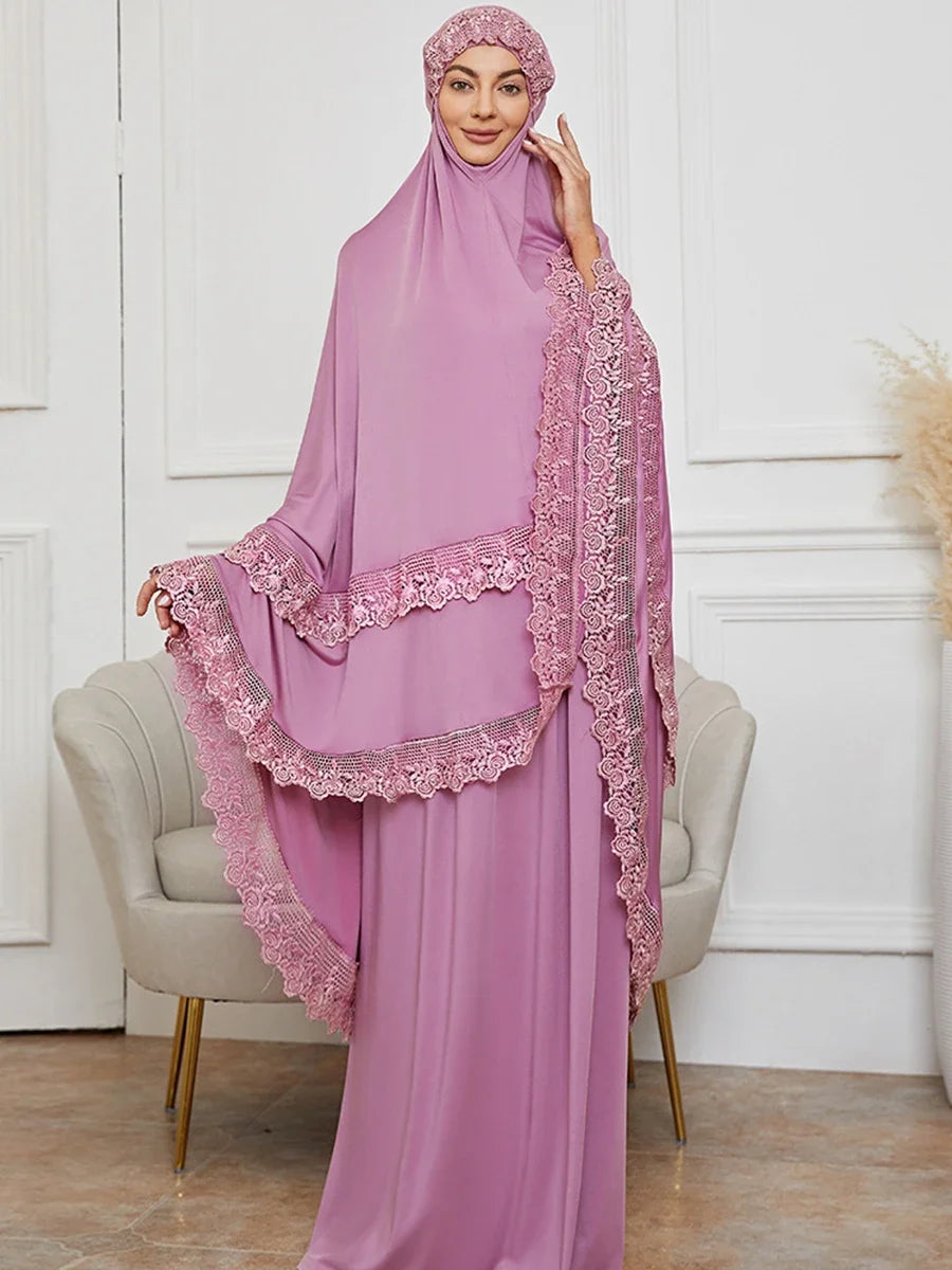 Ramadan  Long Khimar Muslim Abaya Women Prayer Garment Saudi Prayer Dress Lace Trim Silky 2 Piece Skirt Sets Eid Niqab jilbab.