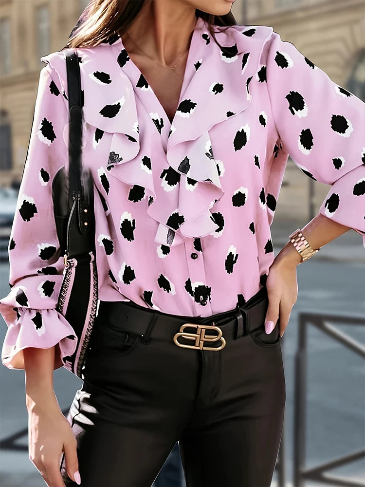 Ladies Spring Summer Long Sleeve V Neck Ruffle Shirt Loose Vintage Women's Streetwear Vintage Style Ladies Top.