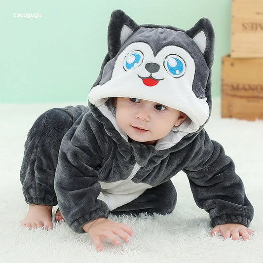 Husky Stram pler Baby Boy Girl Pyjama Neugeborene Bebe Kleidung niedlichen Body suits Flanell warmes einteiliges Winter Halloween Tier Outfit
