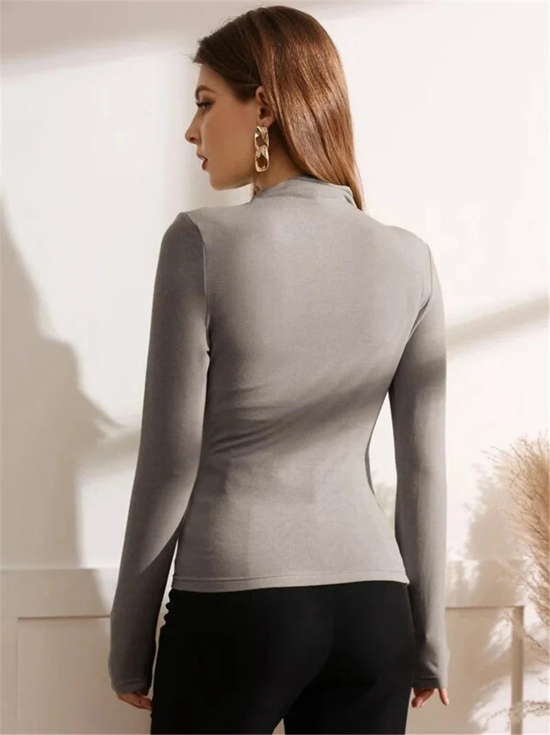 Autumn Winter Warm Fashion Pleated T-Shirt Women Solid Color Stand-up Collar Slim Tops Female Daily Casual Trend Streetwear Tees.