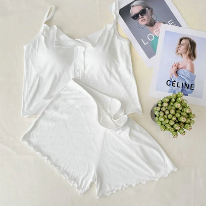 Conjuntos De Pijama Neue Sexy Baumwolle Sling Top Shorts Set Bh Pad Sommer Nachtwäsche Pyjamas Für Frauen Hause Tragen Nachtwäsche Anzug