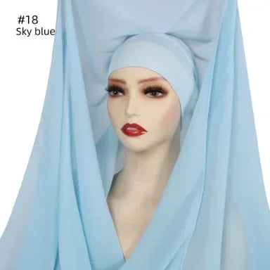 Chiffon Instant Hijab With Bulit-in Magnets Muslim Woman Hijab Solid Color Easy To Wear Shawl Wrap With Undercap Famme Headscarf.