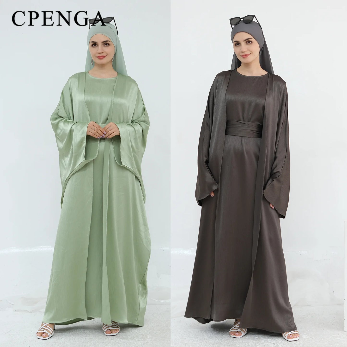 Two Piece Arabic Outfit Set for Muslim Women Elegant Modest Abaya Dress with Inner Ramadan Islamic Coat New Turkish Kaftan Robe.