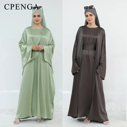 Two Piece Arabic Outfit Set for Muslim Women Elegant Modest Abaya Dress with Inner Ramadan Islamic Coat New Turkish Kaftan Robe.