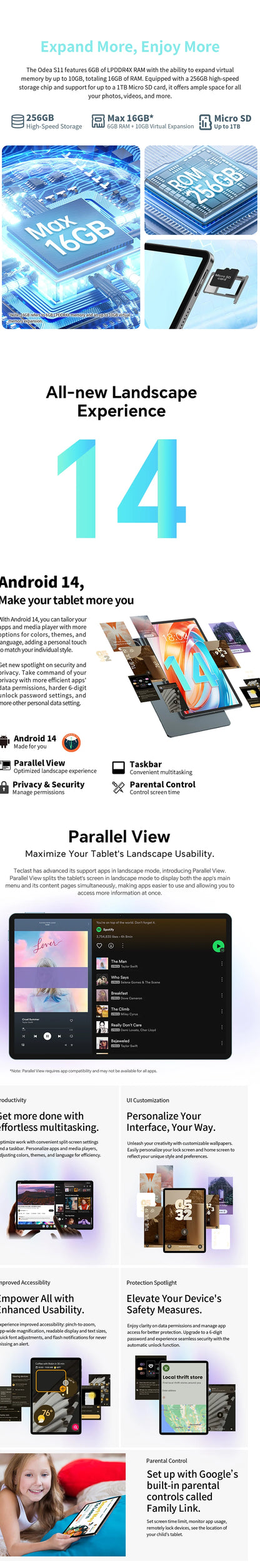 ODEA S11 Android 14 Tablet with 11" IPS 1920x1200 T606 8 Core CPU Max 16GB RAM 256GB ROM 4G LTE type C 8000mAh Widevine L1.