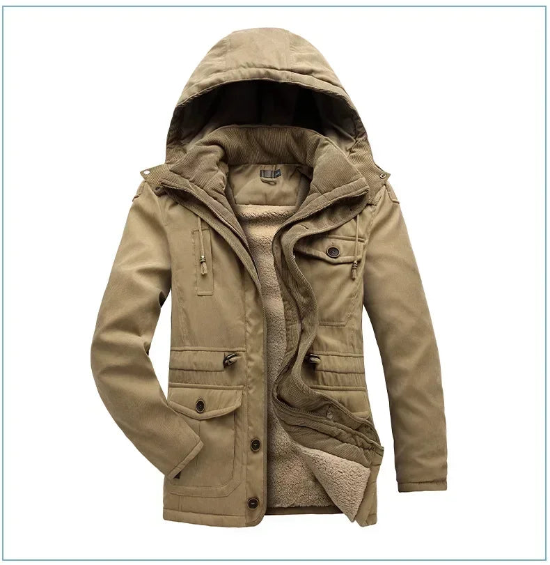 Men's Jacket WINTER USA SIZE Large SIZE Lamb Fleece JACKETS Hooded Cotton Thickened Multi Pocket Casual Mid length Coat