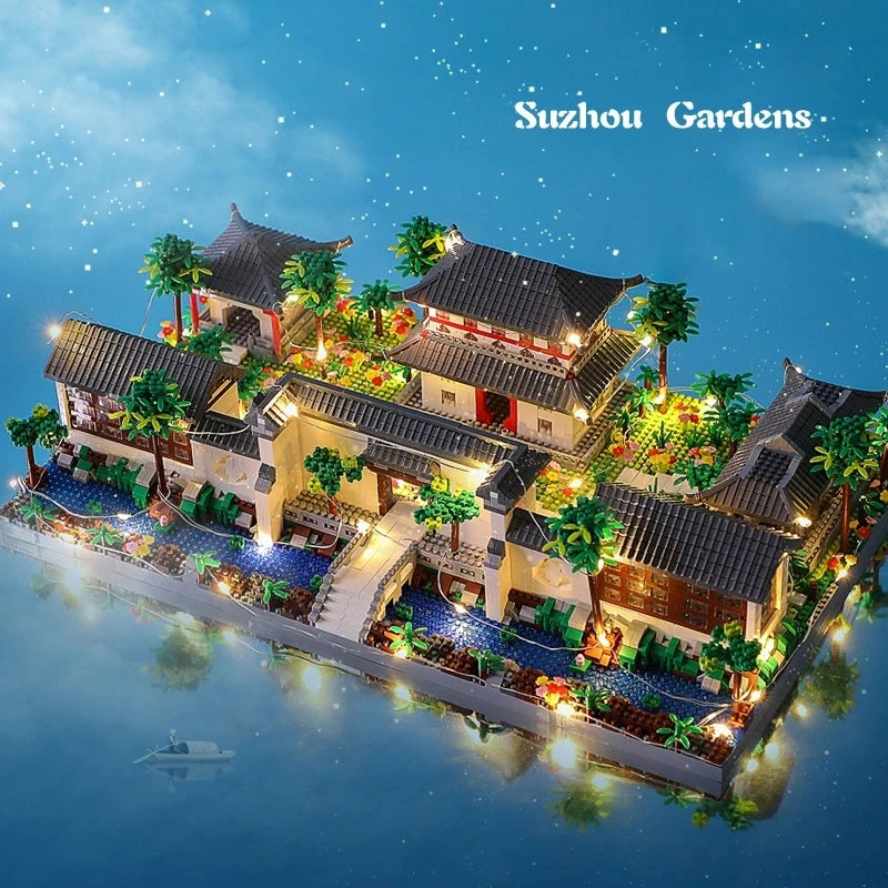 Lezi Architecture Ancient Pavilion Temple Tower Lake Garden Gate LED Light Model Mini Diamond Blocks Bricks Building Toy no Box.