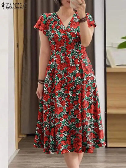 ZANZEA Elegante Frauen Floral Print Midi Kleid Sommer 2025, Casual Rüschen Kurzarm V-ausschnitt Vestidos Mode Cinched Taille Roben