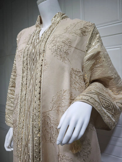 Muslim Women's Light Blue Islamic Embroidered Abaya with Gold Detailing Ideal for Formal Events in Middle East like UAE Saudi.