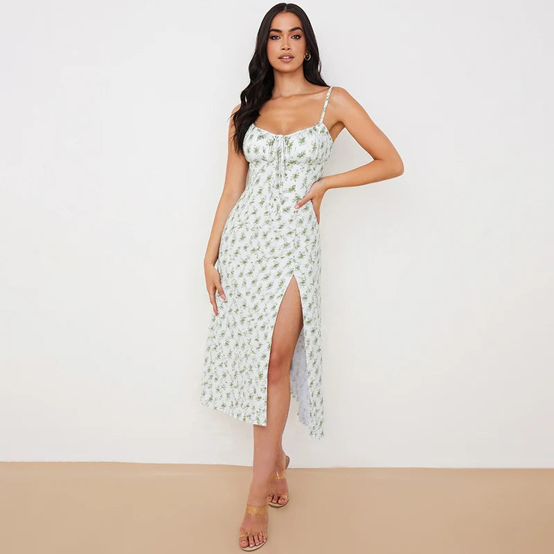 Hugcitar 2025, ärmellos, Satin, Slip, Blumenmuster, gerüscht, Bandage, Ausschnitt, Maxikleid, Frühling, Damenmode, sexy Party, Club, Robe Kpytomoa