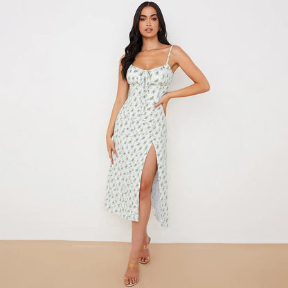 Hugcitar 2025, ärmellos, Satin, Slip, Blumenmuster, gerüscht, Bandage, Ausschnitt, Maxikleid, Frühling, Damenmode, sexy Party, Club, Robe Kpytomoa