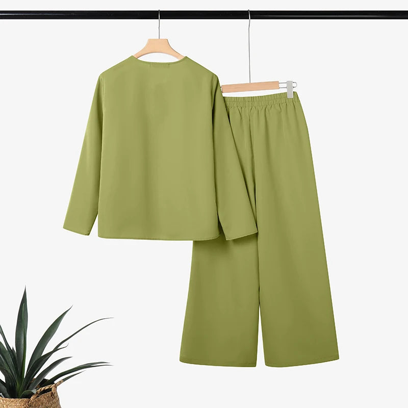 2025 ZANZEA Stylish Autumn 2 Piece Sets Women Outfit Casual V Neck Long Sleeve Tops Pant Set Solid Loose Work Tracksuit Oversize.