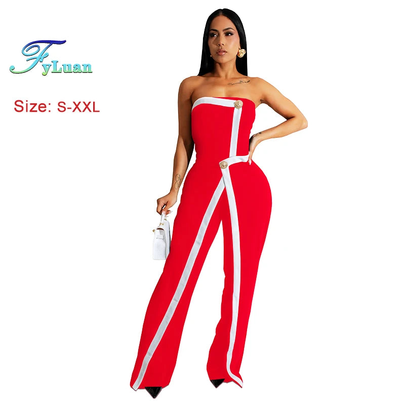 Elegant Sleeveless Wrap Chest Women's Button Strapless Irregular Jumpsuits 2025 One PieceWide Leg Outfits Night Club Streetwear.