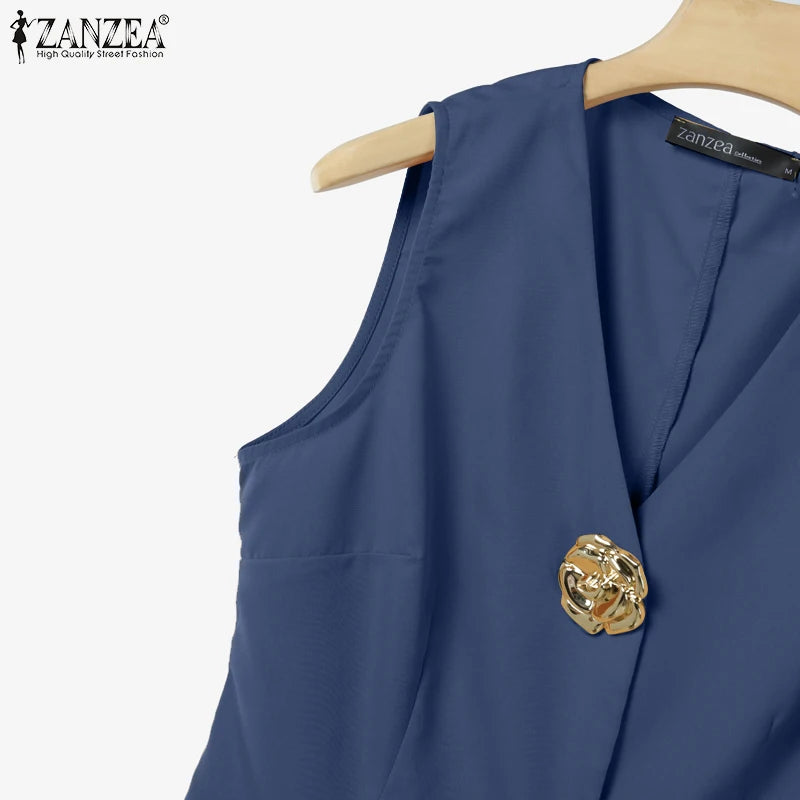 ZANZEA 2025 Summer Outfits Women Fashion Matching Sets V Neck Sleeveless Tanks Tops Trousers Suit 2PCS Solid Work OL Tracksuits.