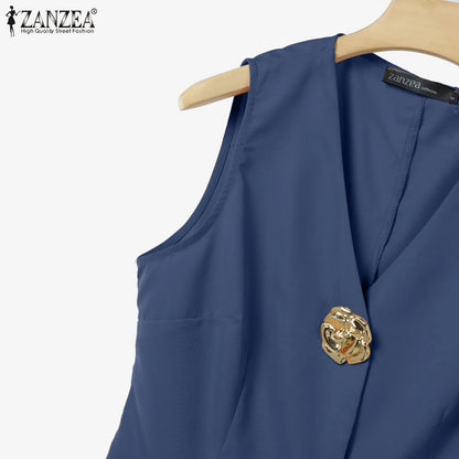 ZANZEA 2025 Summer Outfits Women Fashion Matching Sets V Neck Sleeveless Tanks Tops Trousers Suit 2PCS Solid Work OL Tracksuits.