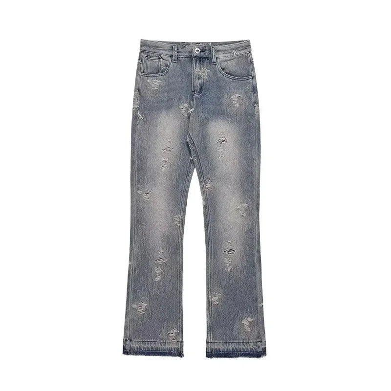 Loose Men's Straight Leg Jeans Casual High Street American Style Torn Frayed Hem Wide Leg Pants Trendy Casual Denim Trousers.