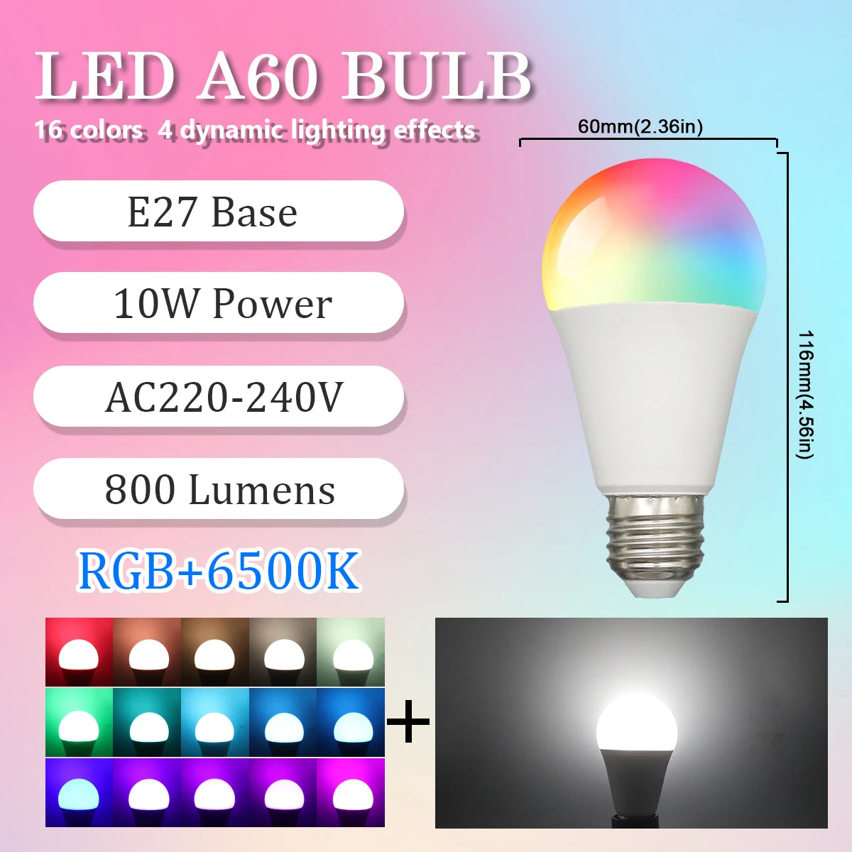 E27 RGB LED Light Bulb 220V 10W with IR Color Changing Control Remote Multicolor + White Lamp Spotlight for Bedroom Party Home.