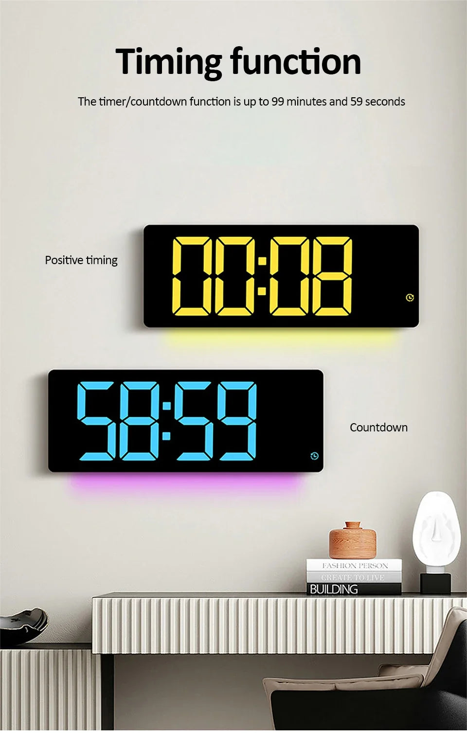 17-Zoll großer digitaler Wecker mit 11 Farben und dynamischem RGB-Display, RGB-LED-Wanduhr mit Farbwechsel/Doppelalarm/Raumdekoration