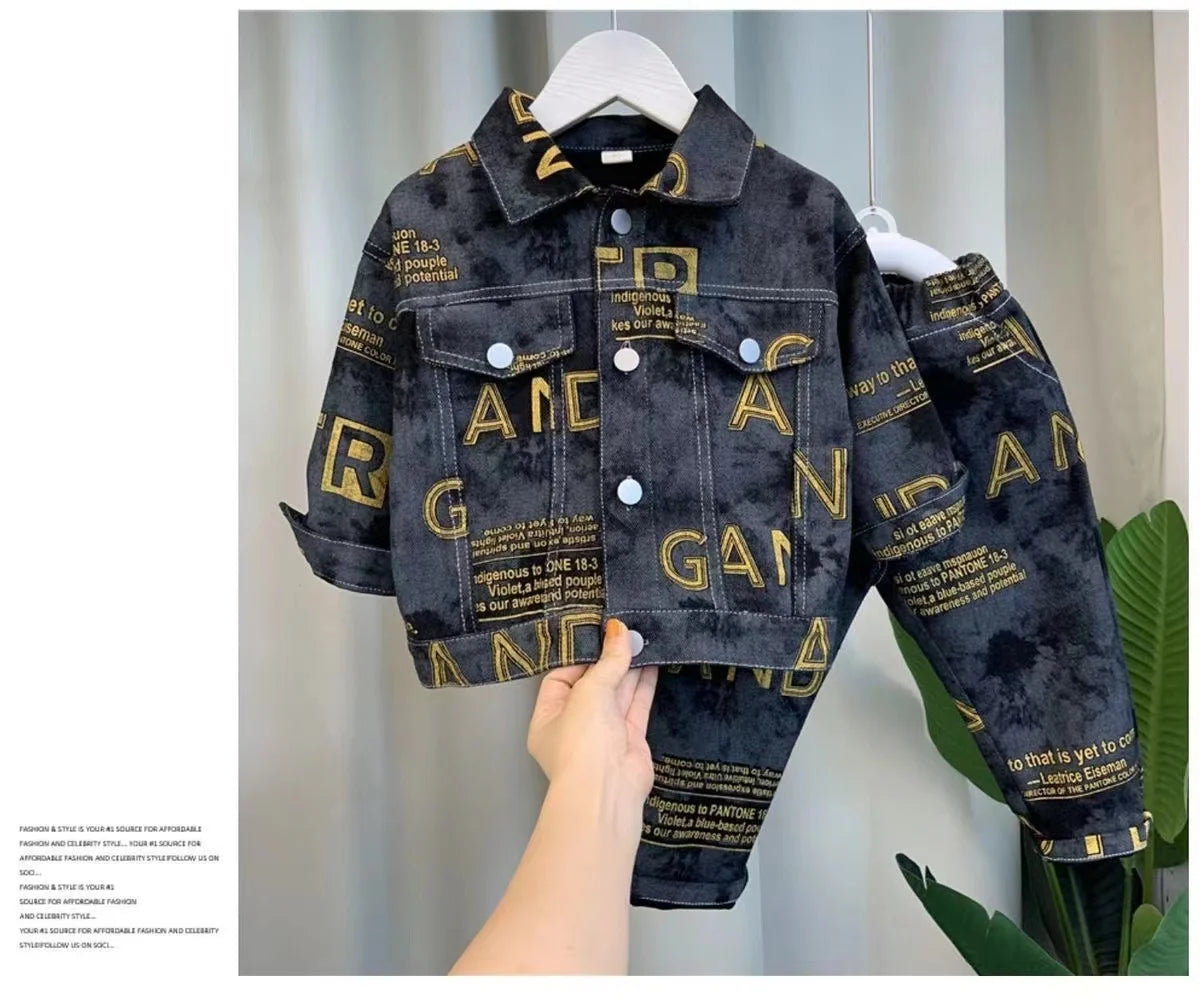 Boys Set Spring and Autumn 2024 New Children's Handsome Clothes Trendy Baby Autumn Fashion Cowboy Two Piece Set Kids Outfits.