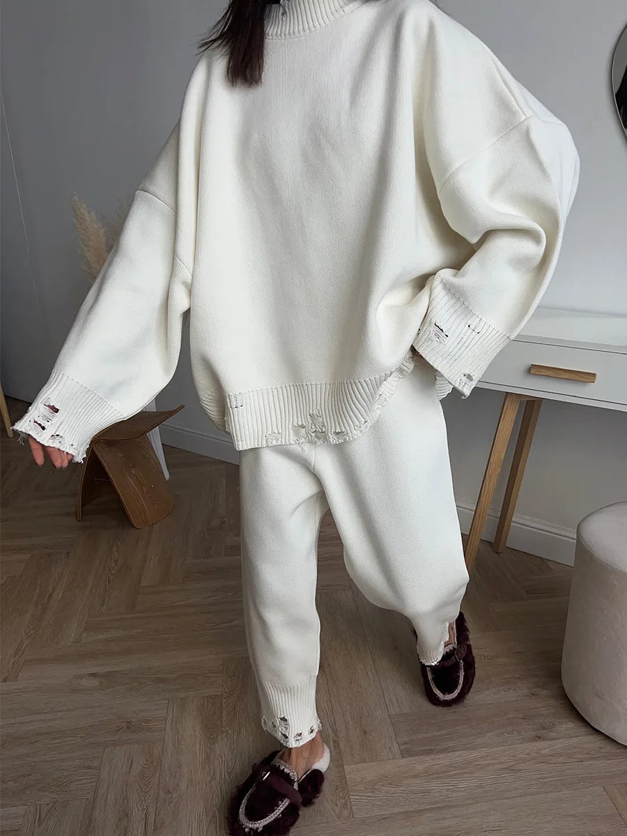 Two Piece Ripped Set Women Knit Tracksuits O Neck Long Sleeve Casual Baggy Sweatshirts+ Joggers Pants Outfits 2025 Fall Winter.