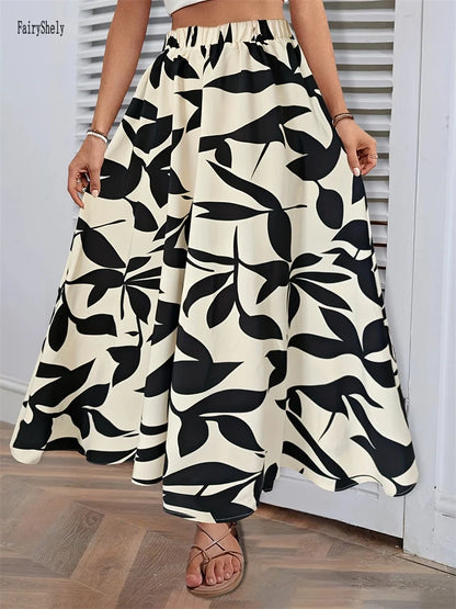 Fairyshely Casual Leaf Print Long Skirt For Women 2025 Summer Ruffle High Waist Maxi Skirt Ladies Elegant A line Pleated Skirt.