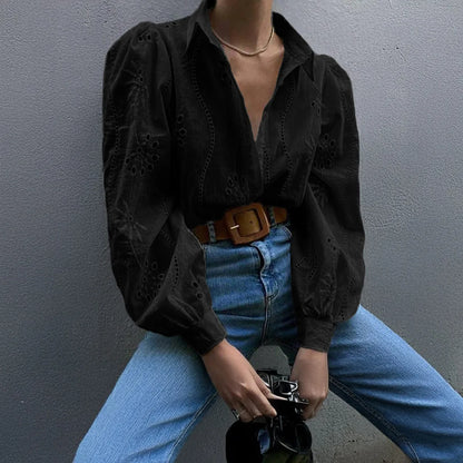 2025 Autumn New Solid Shirt Casual Loose Fashion Hollow Puff Sleeve Cardigan Tops For Women Office Black Hollow out Blouses
