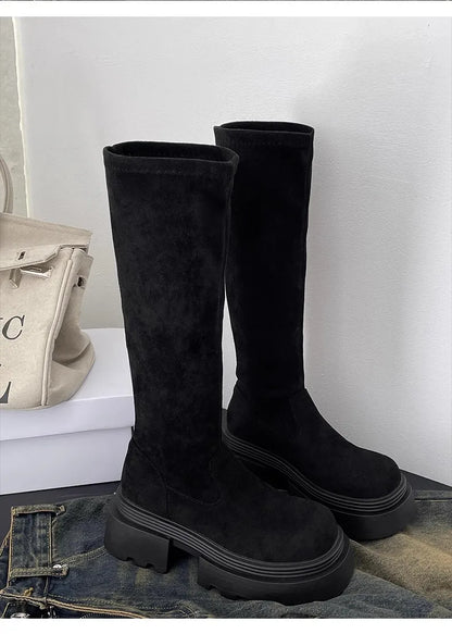 Winter Platform Punk Style Woman Knee High Boot Concise Slip On Elastic Slim Shoes Ladies Thick Bottom Knight Long Booties