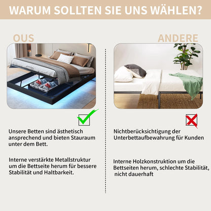 Lazyspace Bettgestell 160 x 200 cm mit LED-Beleuchtung und Stauraum, schwebender Bettrahmen mit Metalllattenrost, ohne Matratze